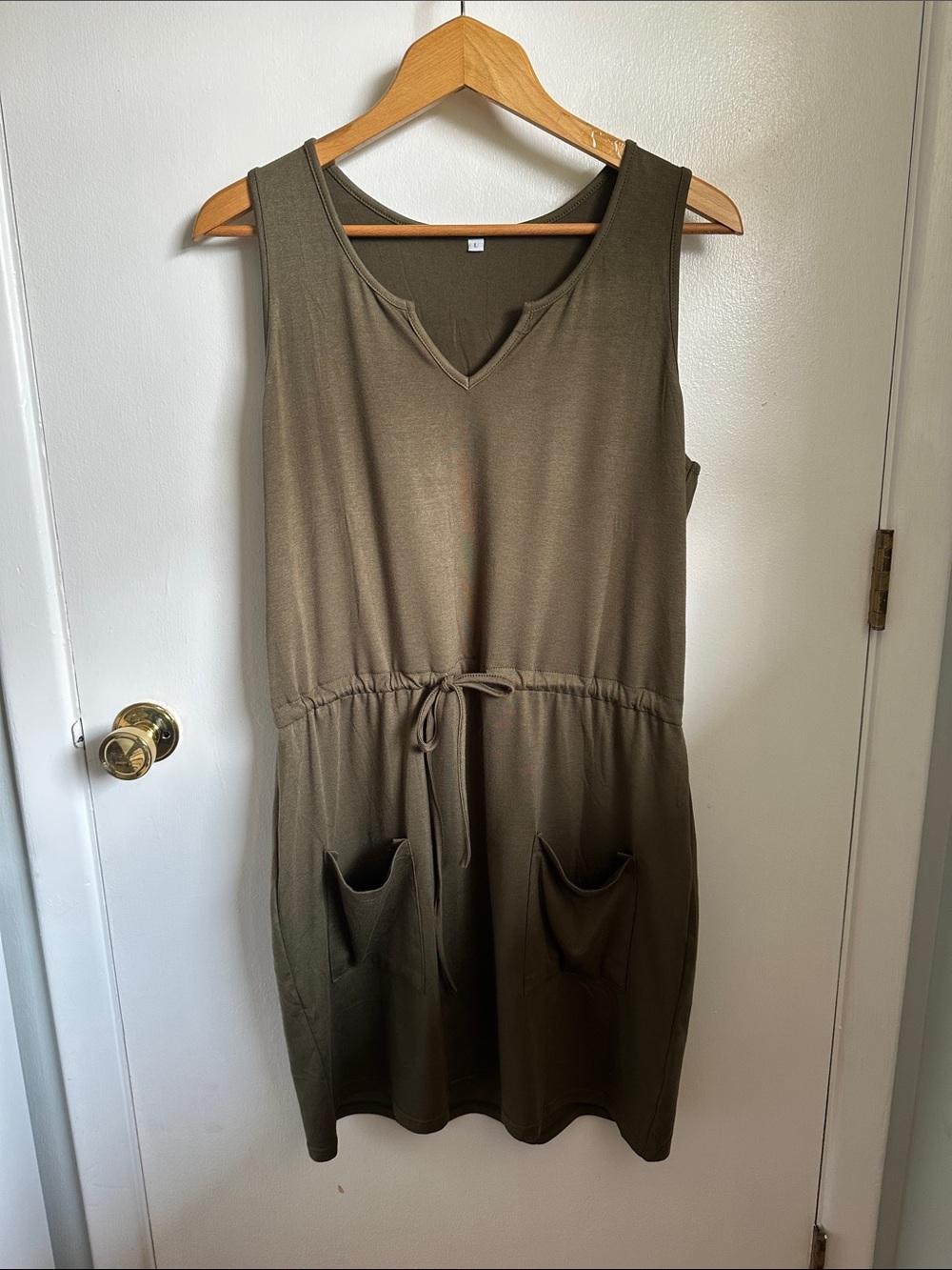 Sleeveless Olive Drawstring Pocket Dress